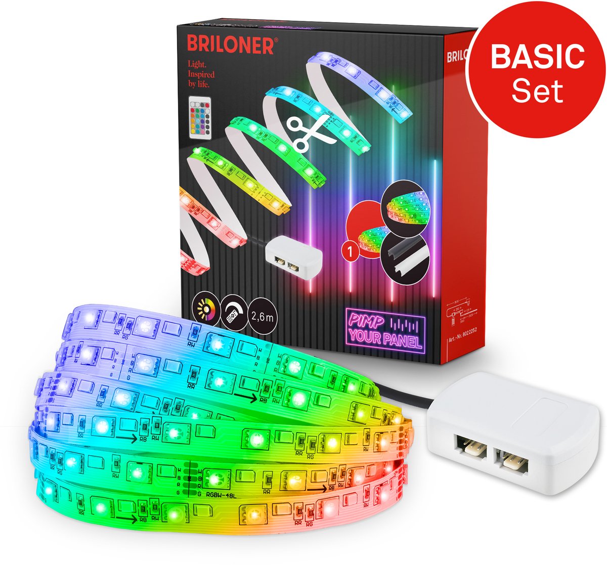 Briloner Pimp Your Panel – LED-Streifen-Starter-Set 2,6 m – 8022252 – RGB-Basisset – Pimp Your Panel – Treiber – Fernbedienung – selbstklebend – 262,5 x 1 cm