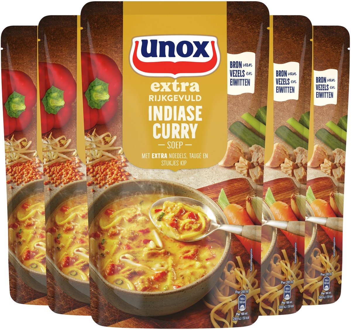 Unox extra rijkgevuld soep in zak - indiase curry - een currysoep met extra noedels, taugé en stukjes kip - 5 x 570 ml