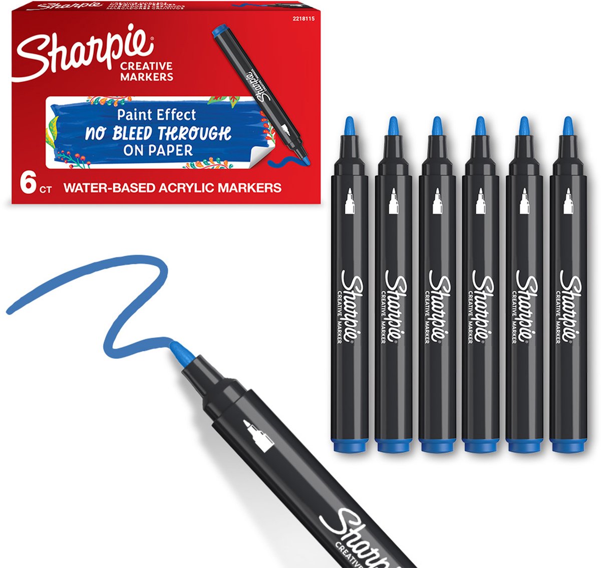 Sharpie Creative Marker Acrylfarbenmarker | runde Spitze | wasserbasierte Farbmarker | Tinte verläuft nicht und ist für die meisten Oberflächen geeignet | blau | 6 Stück