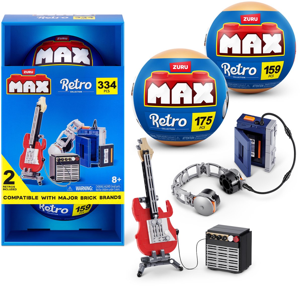 Max baut mehr Premium-Retro-S2-Bausteine-Kollektion im 2er-Pack (Walkman-Gitarre und Verstärker) von Zuru