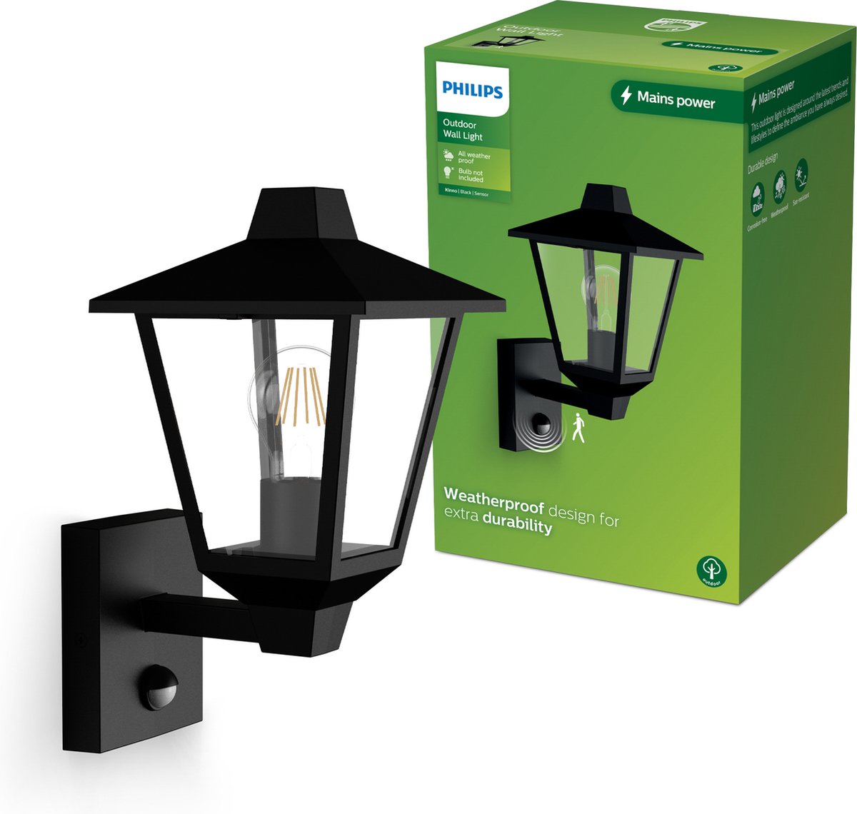 Philips led philips kinno wandlamp - buitenlamp - bewegingssensor - zwart - e27 fitting - maximaal 25w - weerbestendig; ip44 - staande wandlamp