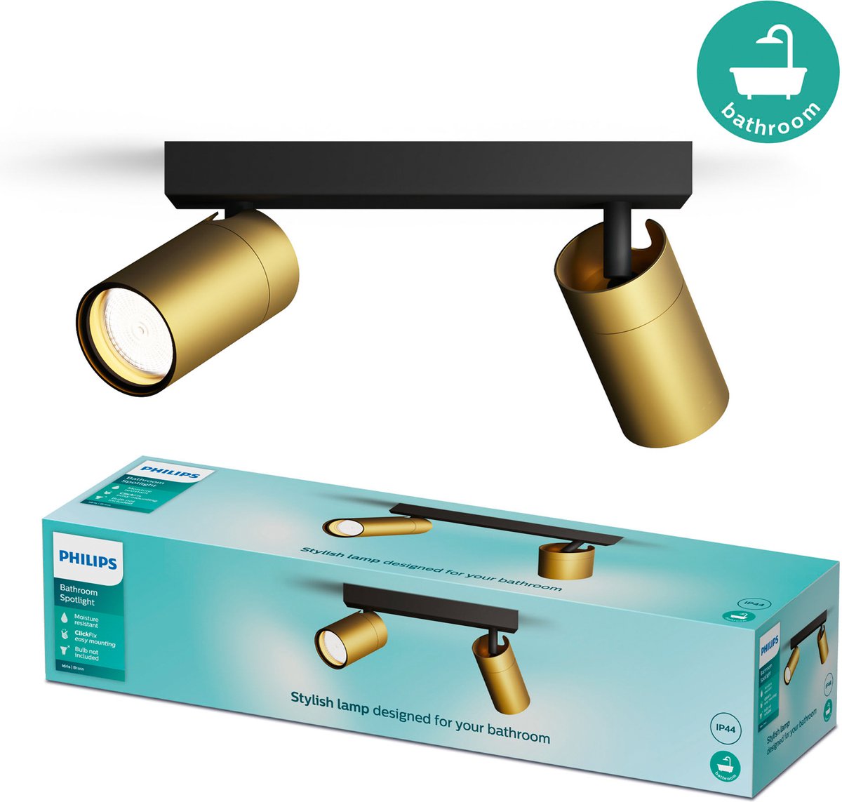 Philips led philips idris spot - plafondspot - spatwaterdicht ip44 - 5w - zwart met goud - badkamerlamp - twee lichtpunten - alleen geschikt voor led spots