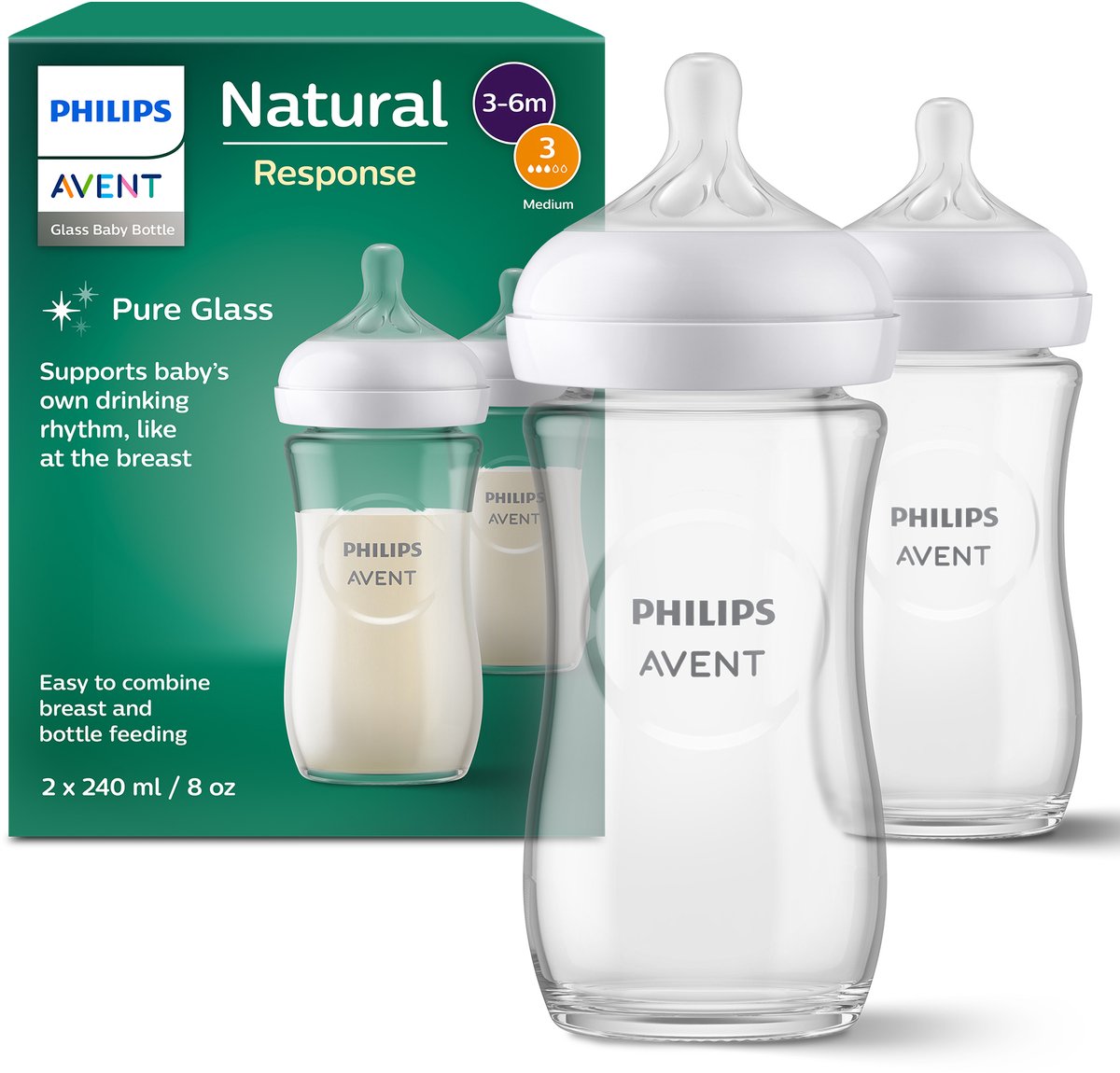 Philips Avent Natural Response Glas-Babyflaschen 240 ml – Durchfluss 3 – 2 Flaschen – SCY933 02