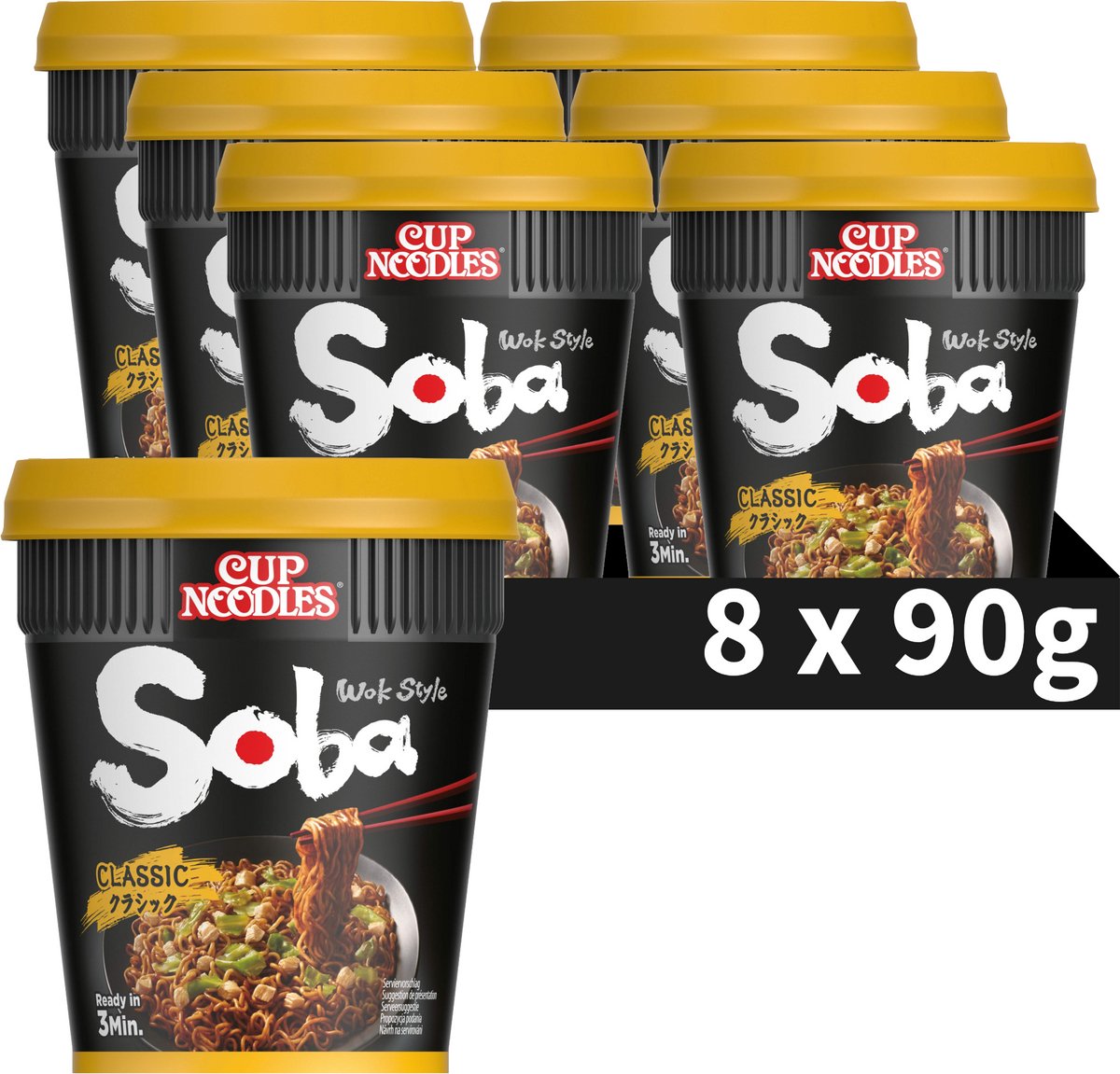 Nissin Soba-Cup-Nudeln – klassische Nudeln im Wok-Stil – Instant-Nudeln – 8 Stück