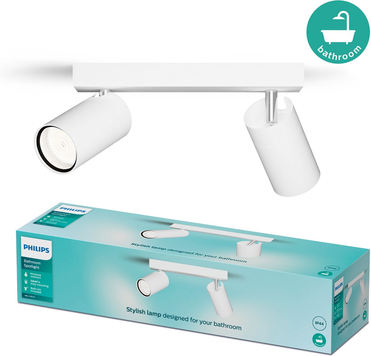 Philips led philips idris spot - plafondspot - spatwaterdicht ip44 - 5w - wit - badkamerlamp - twee lichtpunten - alleen geschikt voor led spots