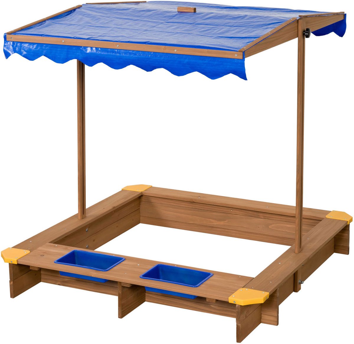 Schwingender Holzsandkasten mit Wasserkästen und Abdeckung