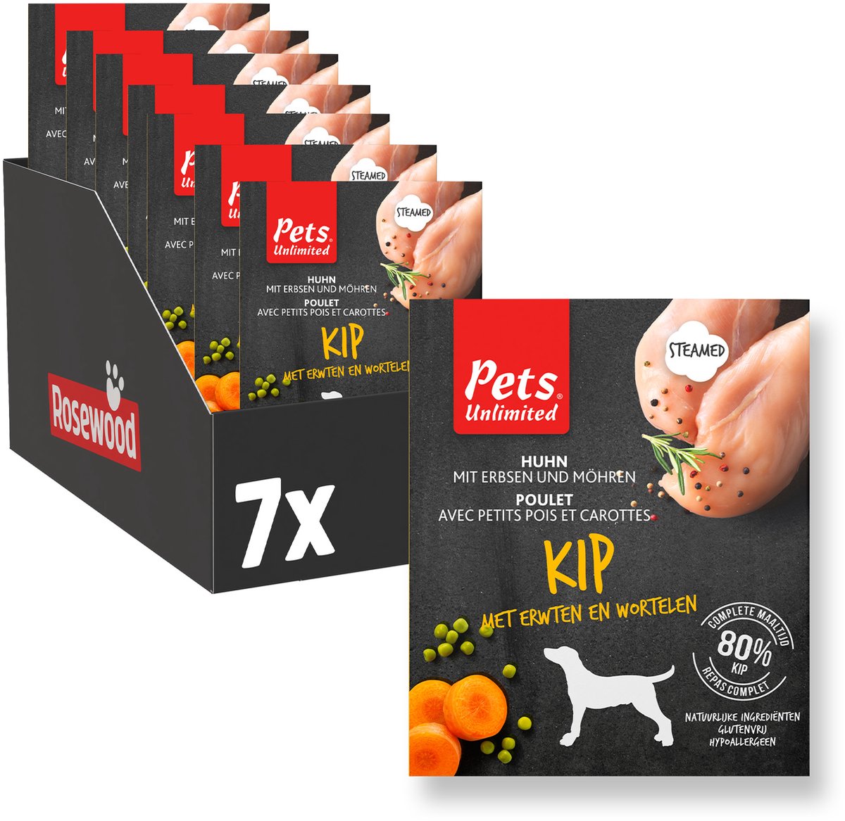 Rosewood pets unlimited - honden natvoer -kip - gestoomde maaltijd - 7 bakjes x 395g