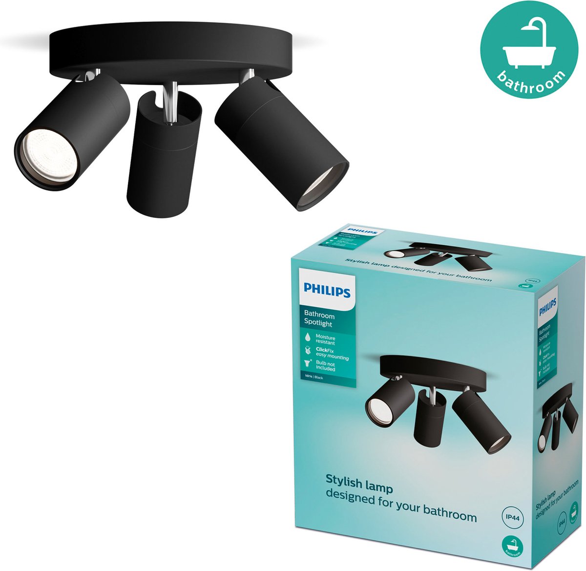 Philips led philips idris spot - plafondspot - spatwaterdicht ip44 - zwart - 5w - badkamerlamp - drie lichtpunten - ronde basisplaat - alleen geschikt voor led spots