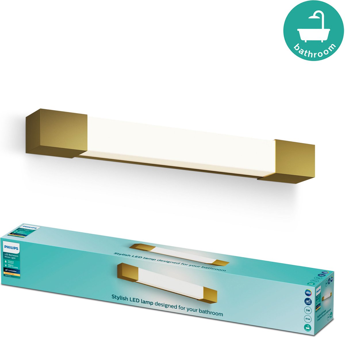 Philips led philips rover spiegelverlichting - spatwaterdicht ip44 - 5w - warmwit licht - badkamerlamp - rechthoekig - messingkleurig