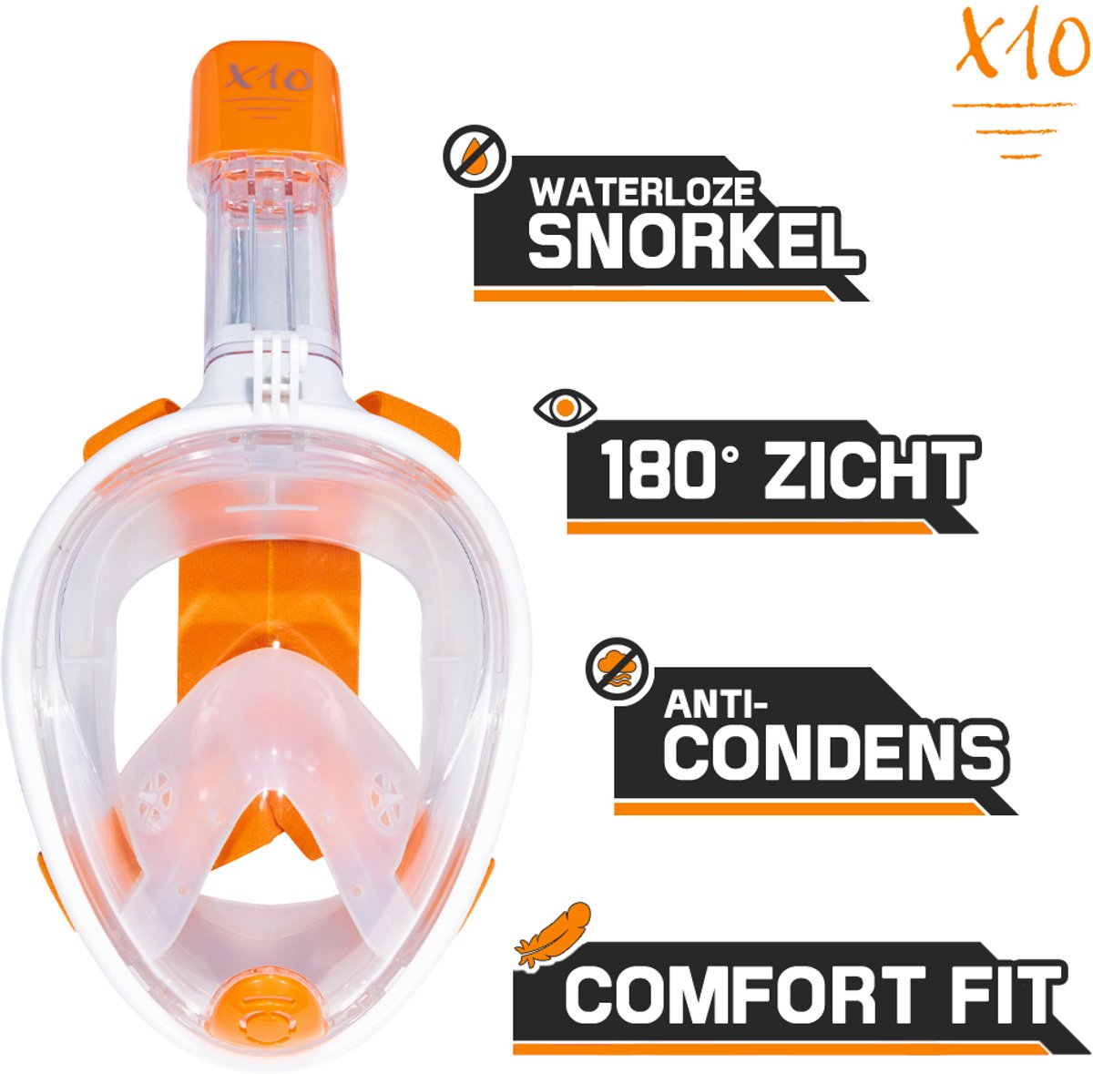 X10 Schnorchelmaske - Taucherbrille - Schnorchel - Schnorchelset - Vollgesichtsmaske - Erwachsene - Orange - L XL