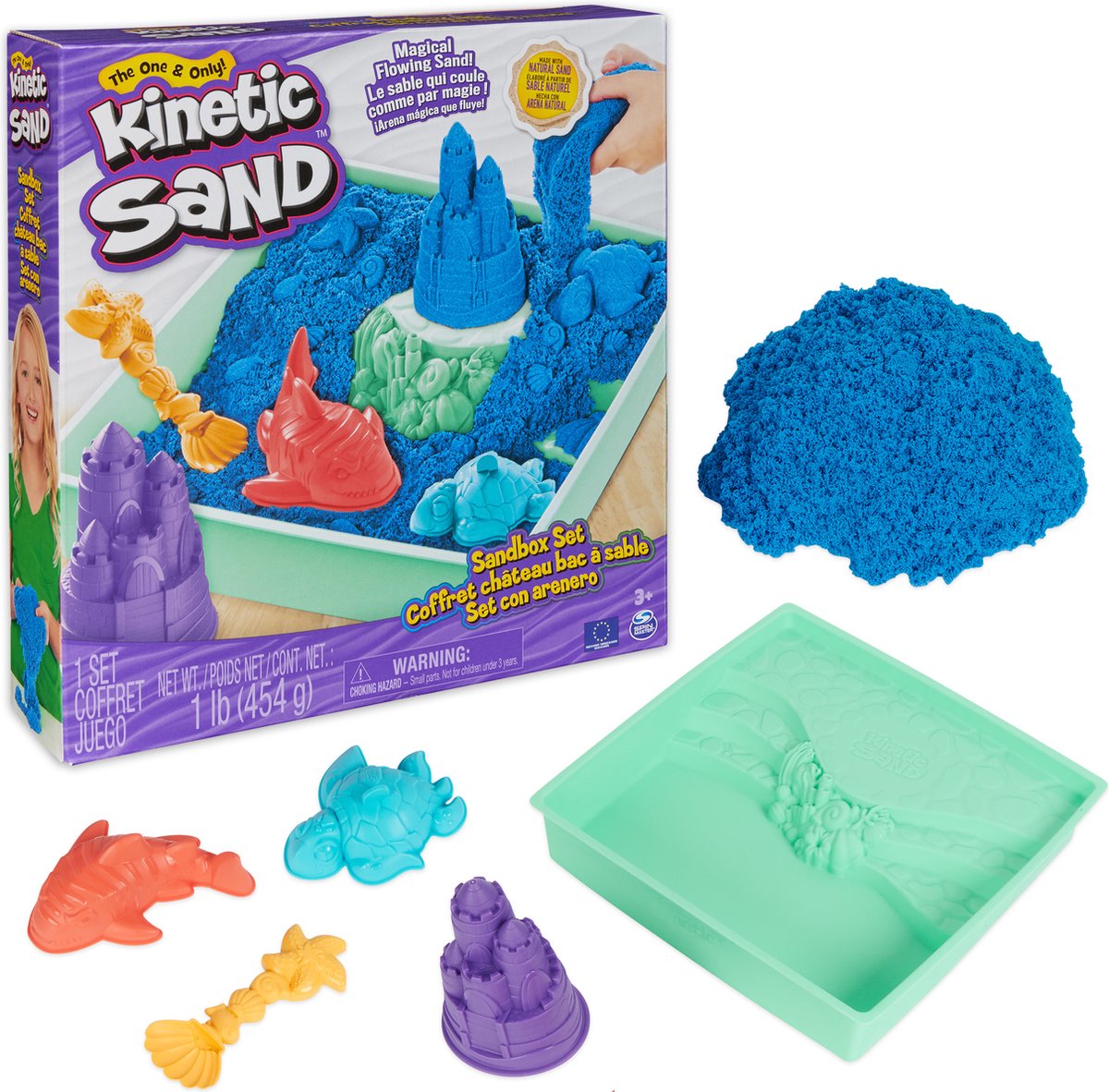 Kinetischer Sand – Sandkasten-Set mit 454 g Spielsand, 4 Formen und Werkzeugen – sensorisches Spielzeug – Stile können variieren