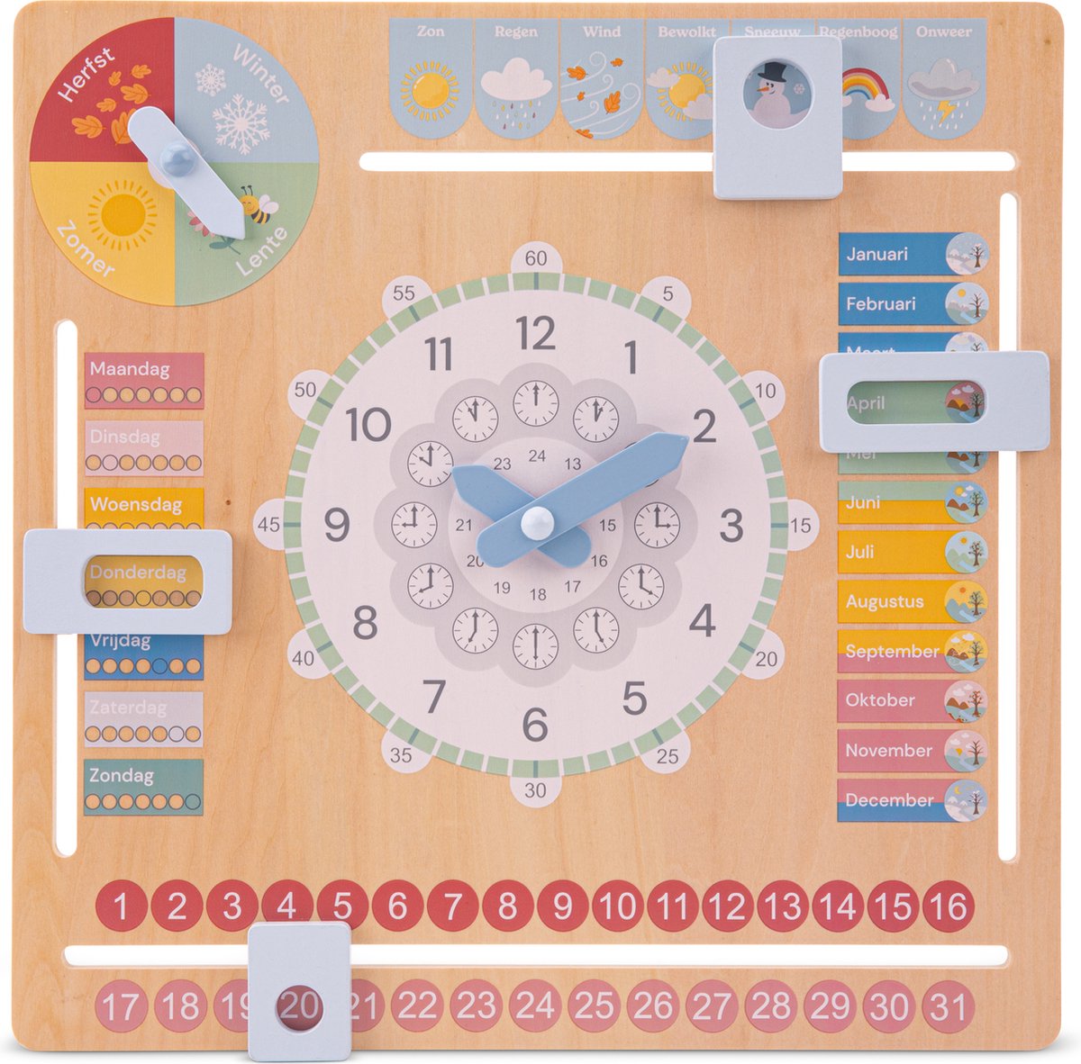 Woet new classic toys® houten kalenderklok - leer klokkijken - leerklok - weet jij welke dag het is? hoe laat is het? schijnt de zon? - dagen, maanden, seizoenen weer - educatief speelgoed - vanaf 3 jaar