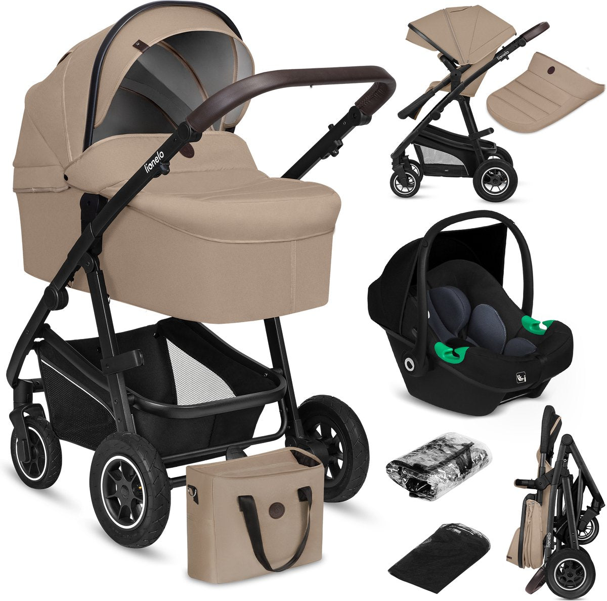 Lionelo Bianka Kinderwagen 3 in 1 – Babywanne + Kinderwagen + Autositz – große Luftreifen, Vollfederung – klappbar – verstellbare Schiebestange – Buggy-Wendesitz – 0–22 kg – Zubehörset – Beige