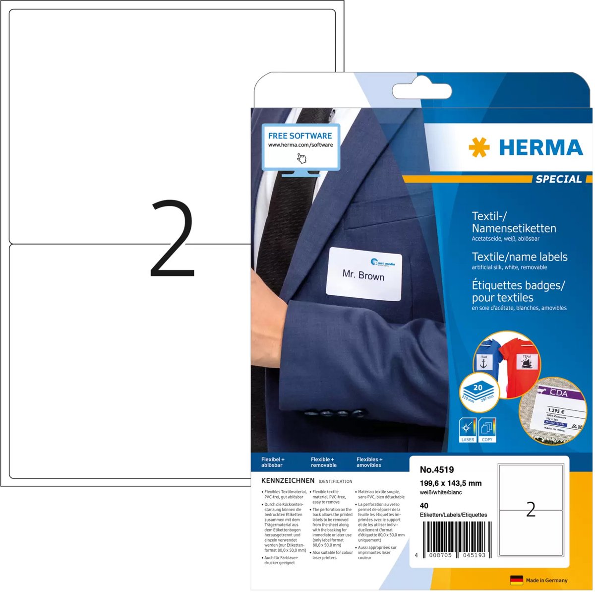 Herma Sondernamenstextil - Acetatseite - selbstklebend, Verbundkleber - weiß - 199,6 x 143,5 mm 40 Etiketten