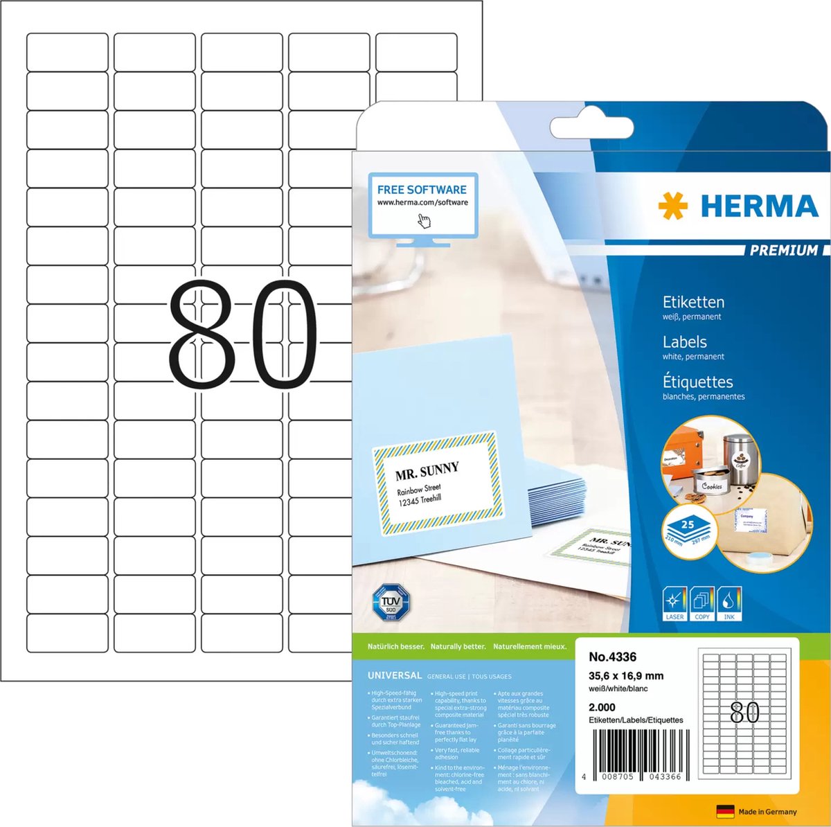 Herma-Etiketten ohne Marke, weiß, 35,6 x 16,9 Premium, A4, 2000 Stück.