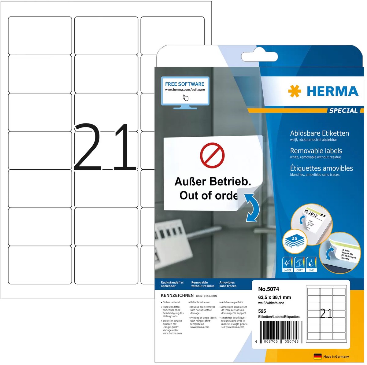 Herma-Etiketten ohne Markenzeichen, weiß, 63,5 x 38,1, abnehmbarer Superdruck, 525 Stück.