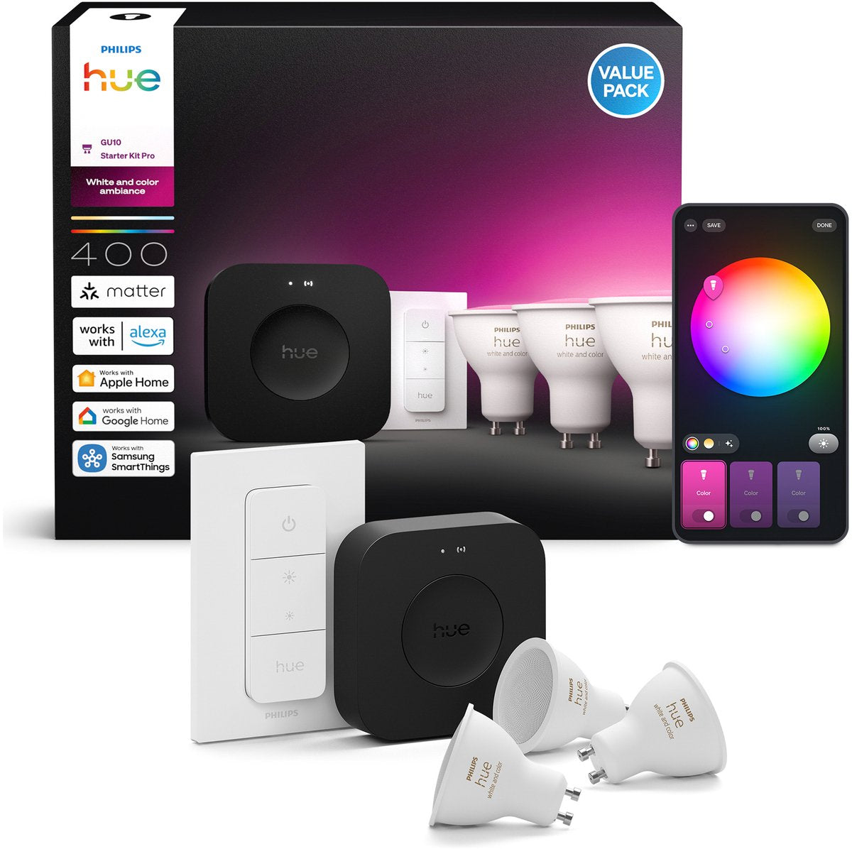 Philips hue starterkit - wit en gekleurd licht - 1 bridge pro - 3 lampen gu10 400 lumen - 1 dimmer switch