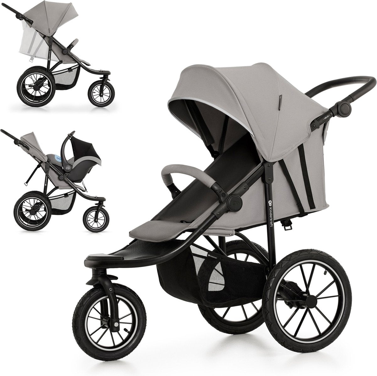 Kinderkraft helsi 2 geländegängiger Kinderwagen – bis 27 kg – 3 große aufblasbare Räder – Federwegsystem kompatibel – grau