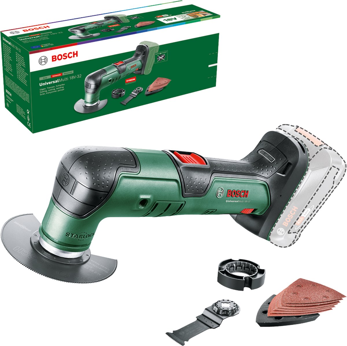 Bosch universalmulti 18v-32 – Multifunktionswerkzeug – inklusive 6 Blatt Schleifpapier – Segmentsägeblatt – Tauchsägeblatt – Tiefenanschlag und Schleiffuß – ohne Ladegerät und Akku