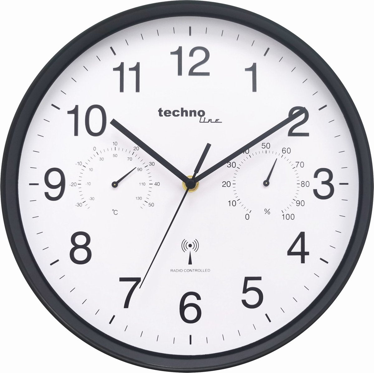 Technoline wt 8945 – Wanduhr – analog – rund – Kunststofffenster – funkgesteuerte Zeitanzeige – Innentemperatur – Innenfeuchtigkeit – Schwarz