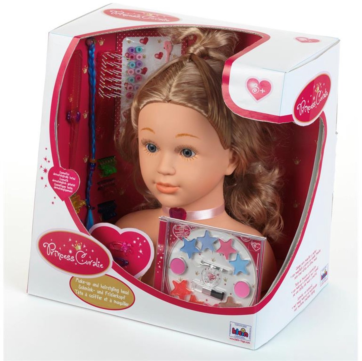 Klein Toys Prinzessin Coralie - Kopf ''Sophia'' mit Make-up - inkl. Schminkbox, Haarutensilien und Dekorationen – Make-up dermatologisch getestet