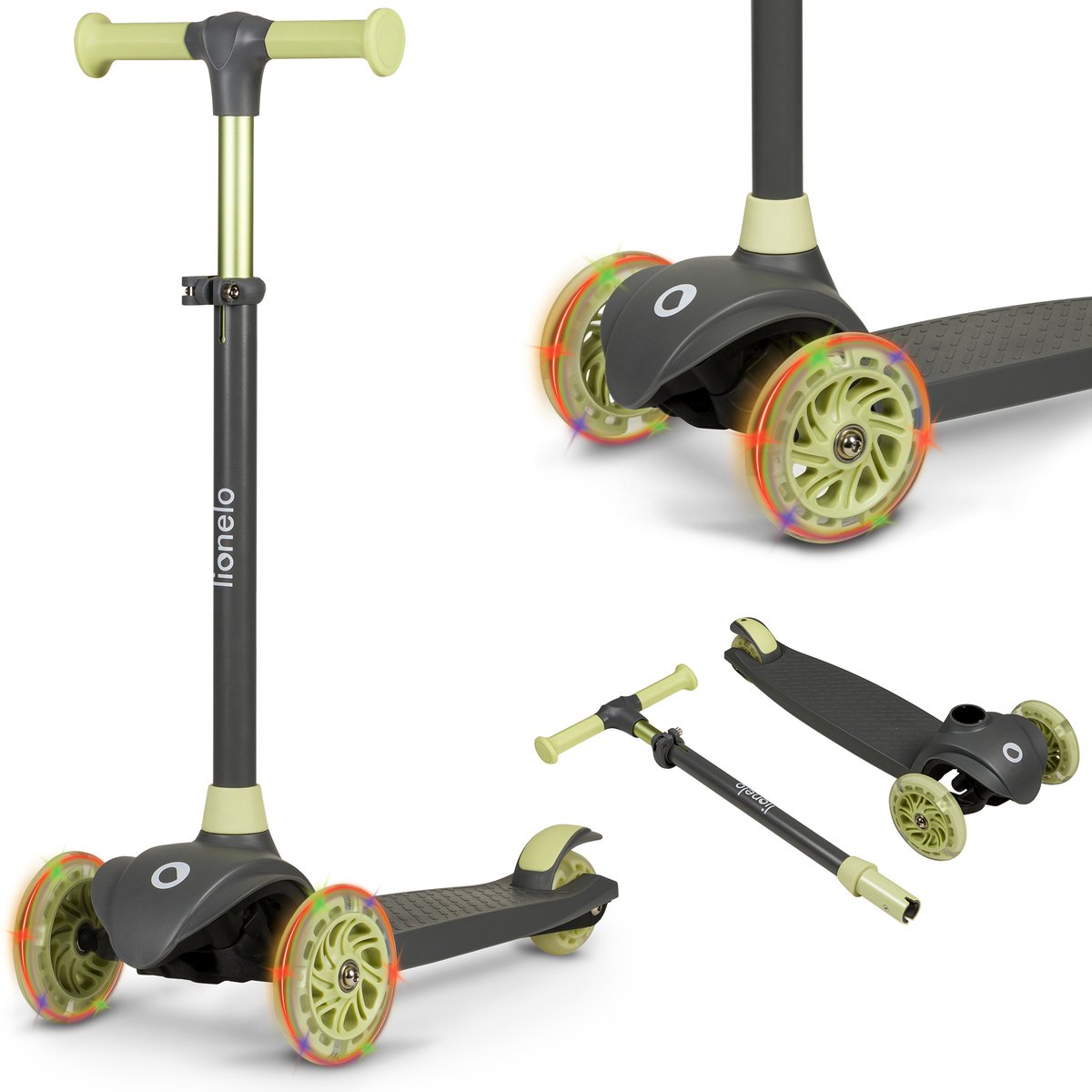 Lionelo Jessy Kinderroller – Roller 3 Räder – Altersgruppe 3+ – max. 50 kg – LED-Beleuchtung in den Rädern – höhenverstellbar 65–70–75–80 cm