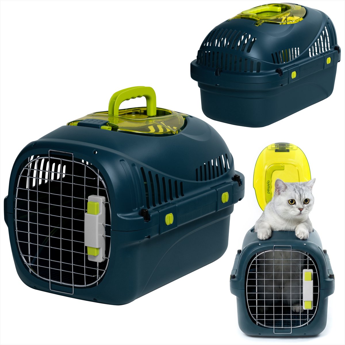 Peluvio Safy Katzentransportbox – Reisekorb – Tragetasche für Katzen bis 5 kg – leicht faltbar – stabiles PP-Gehäuse Metalltür – gute Belüftung – herausnehmbares Gitter, Wasser- und Futternapf – sicher und bequem unterwegs