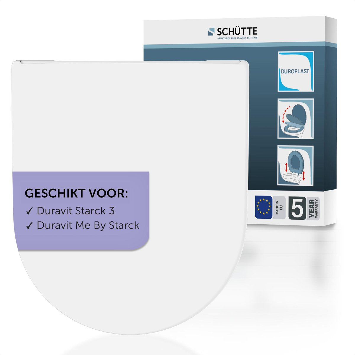 Schütte WC-Sitz 82815 pro 8 – D-Form – Fallbremse – abnehmbar – passend für Duravit Starck 3, Duravit Me von Starck – Belastbarkeit bis 250 kg