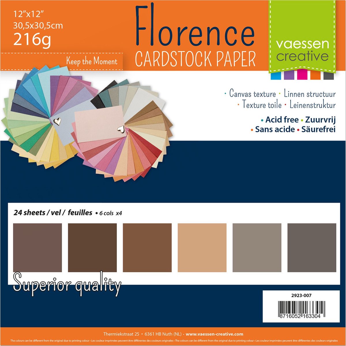 Florence vaessen creative cardstock, stevig kaartpapier 216g - bruin, 24 stuks. 30,5 x 30,5 cm