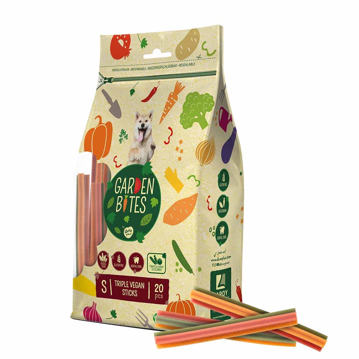 Garden Bites duvoplus – dreifache vegane Sticks Hundesnacks – Hundeleckerlis – vegetarisch glutenfrei – klein 20 Stk