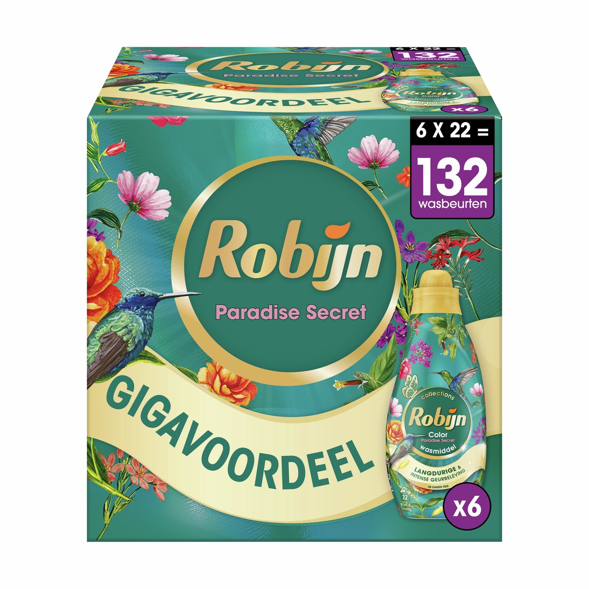 Robijn klein krachtig collections vloeibaar wasmiddel - color paradise secret - 6 x 22 wasbeurten - voordeelverpakking