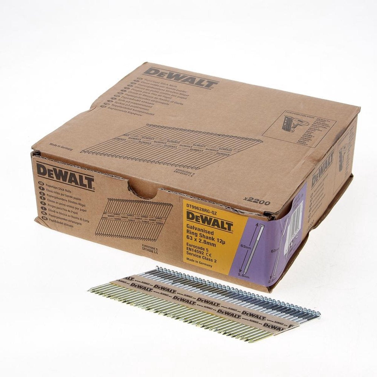 Dewalt dnpt28r63g12z 33º papiergebundene Nägel 2,8 x 63 mm, verzinkt, mit Ringen, VE = 2200