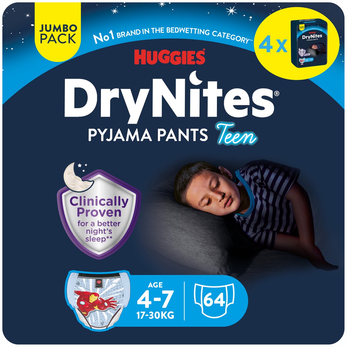 Drynites Huggies Windelhosen – Jungen – 4 bis 7 Jahre (17–30 kg) – 64 Nachthosen – extra Rabatt