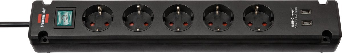Brennerstuhl Bremounta Steckdosenleiste mit 2 USB C Ladebuchsen | 5-fach | schwarz | 3m h05vv-f 3g1,5 - 1150660415