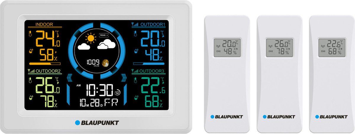 Blaupunkt - Wetterstation mit Hygrometer-Luftdruckvorhersage - 3 Sensoren - Weiß