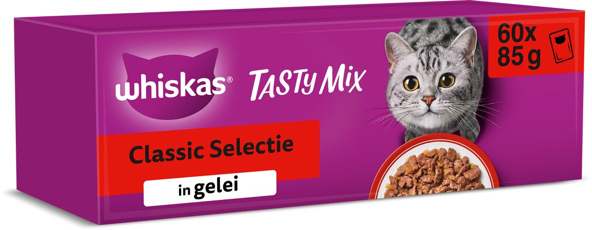 Whiskas Katzenfutter – Erwachsene ab 1 Jahr – klassische Auswahl in Gelee – 60 x 85 g