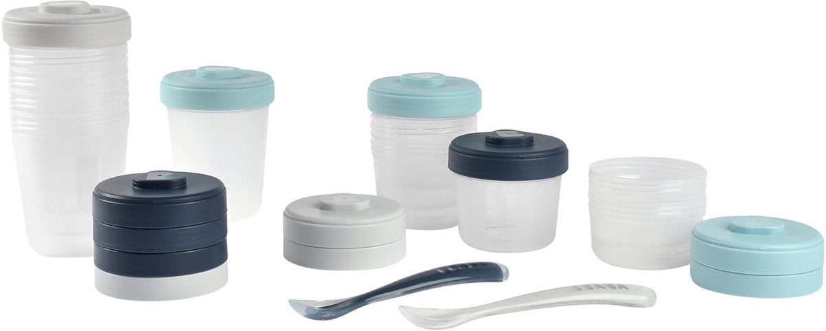Béaba – Vorratsgläser – 12er-Set – 2 x 90 ml, 4 x 150 ml, 6 x 250 ml + 2 Silikonlöffel – hermetisch – mikrowellengeeignet – blaugrau – BPA-frei