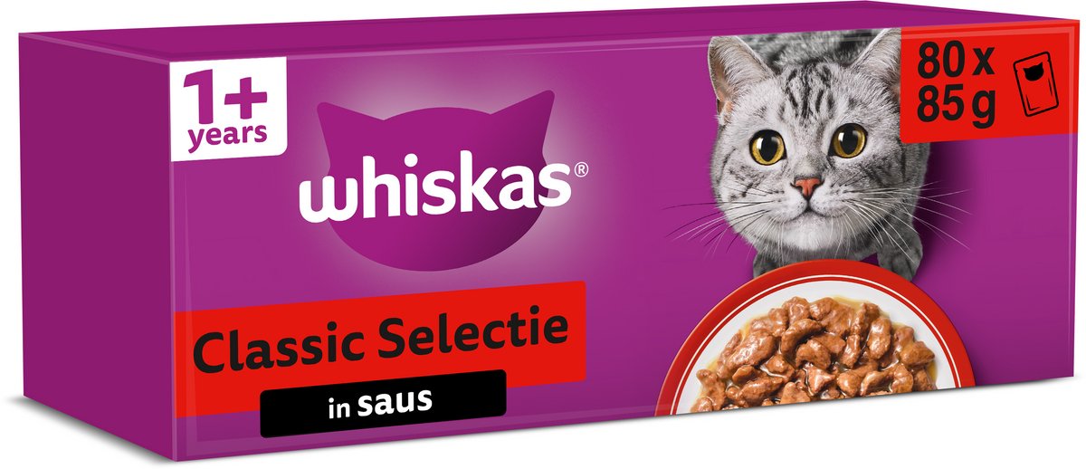 Whiskas Katzenfutter – Erwachsene 1+ – klassische Auswahl in Soße – 80 x 85 g