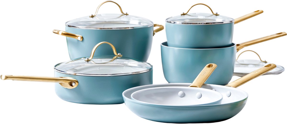 Greenpan Padova Smokey Blue Pfannenset 10-teilig – 18–28 cm – PFAS-freie Antihaftbeschichtung – Induktionspfannenset – Keramikpfanne – mit Deckel – ofenfest bis 200 Grad – Smokey Blue