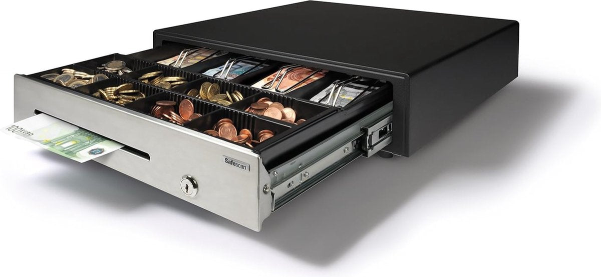 Safescan HD-4141s robuste Geldschublade, die Ihr Geld sicher aufbewahrt – Geldschublade mit 4 Banknotenfächern und 8 Münzfächern – Kassensystem mit einem RJ-12-Anschluss – robuste Geldschublade von 41 x 41,5 x 11,5 cm