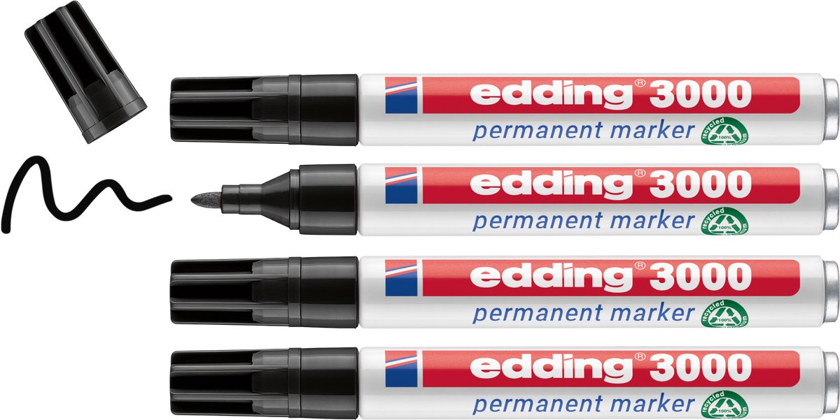 Edding 3000 Permanentmarker - Schwarz - 4 Marker - Rundspitze 1,5-3 mm - Wasser- und abriebfest - für Pappe, Kunststoff, Holz, Metall usw. - Alkoholmarker für Erwachsene