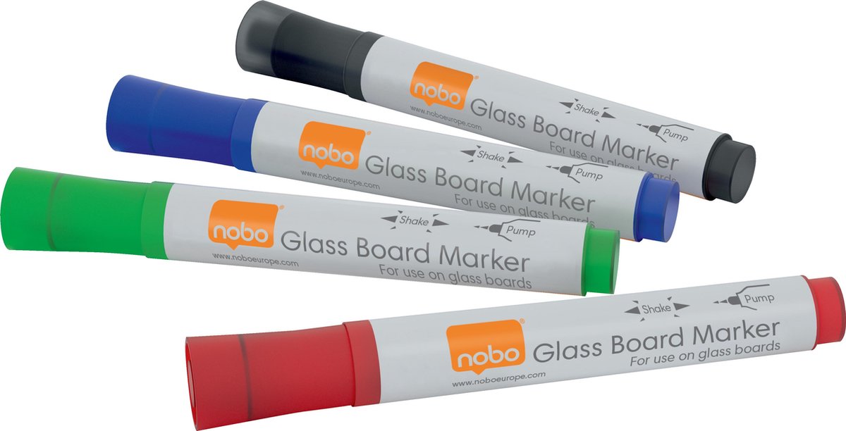 Nobo Glastafelmarker – 4 Whiteboardmarker – Schwarz, Rot, Blau und Grün