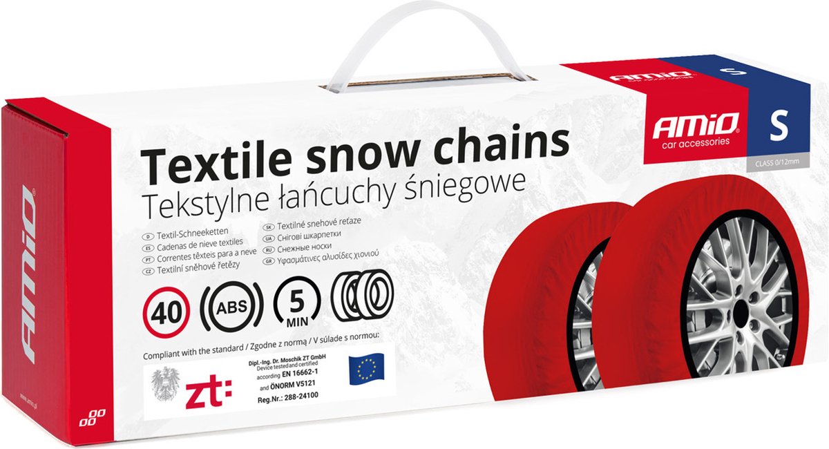 Amio Textil-Schneeketten Schneesocken für Autoreifen S – EN16662-1 Önorm V5121 rot (2 Stück)
