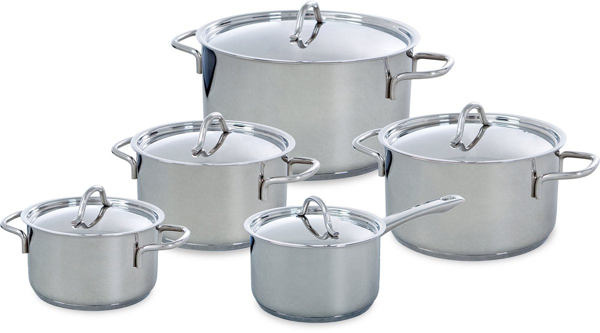 BK Profiline Pfannenset 5-teilig – 16 18 20 24 cm – 1,6 2,5 3,5 6 l – ohne PFAS-freie Antihaftbeschichtung – Pfannenset aus Edelstahl – Induktionskochpfanne – ofenfest bis 230 °C – mit Deckel – silberfarben