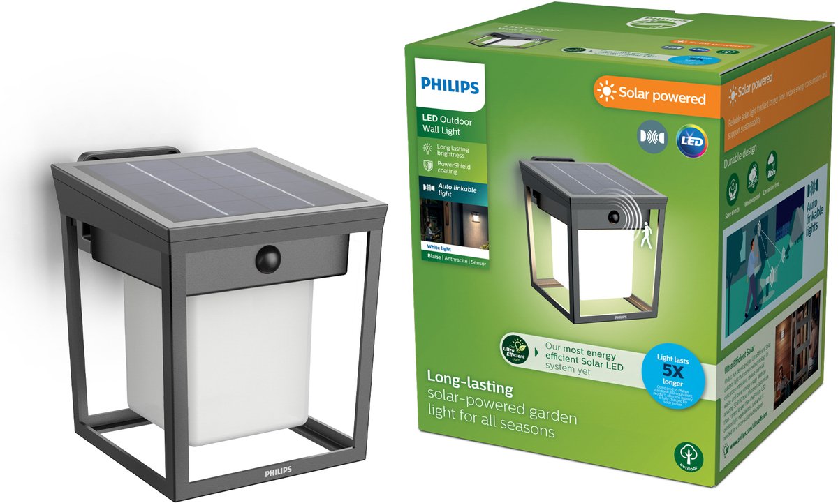 Philips led philips blaise wandlamp - ultraefficient led - solar buitenlamp - warm, helder licht 3000k - antraciet - rechthoekig ontwerp - bewegingssensor - zonne-energie - auto-linkable