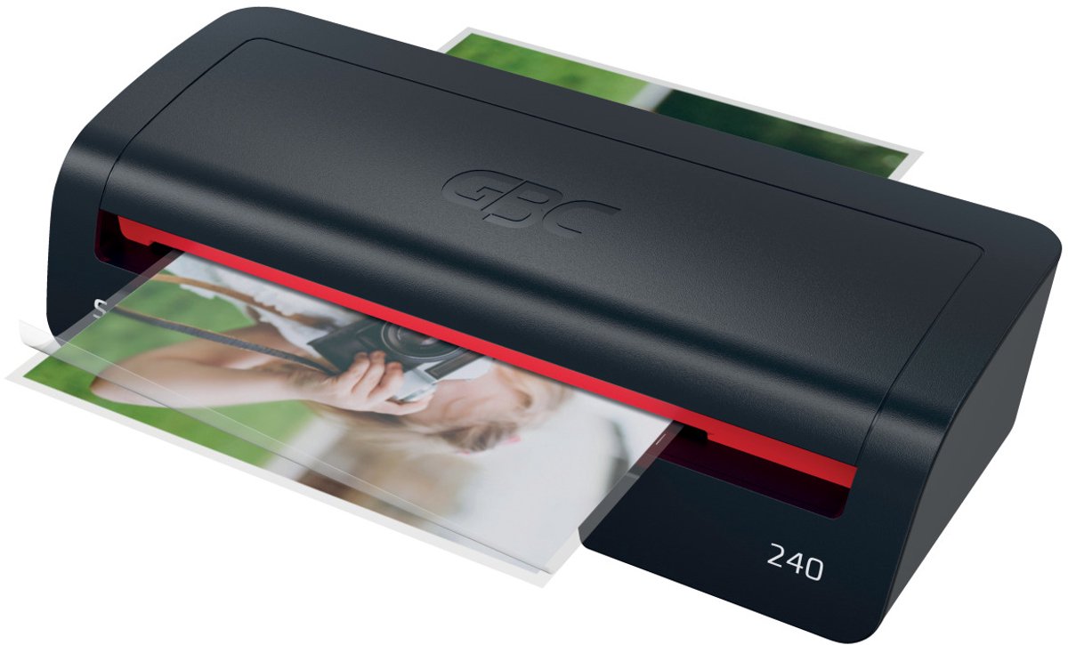 GBC 240 Home Office A4 Laminiergerät – geeignet für 75–125 Mikron – inklusive Starterpaket Laminierfolien – Schwarz Rot