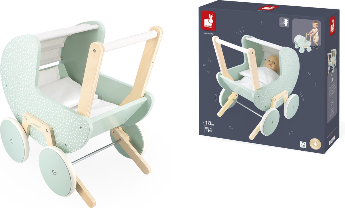 Janod - Zen - Puppenwagen - Puppenwagen aus Holz für Puppen bis 42 cm
