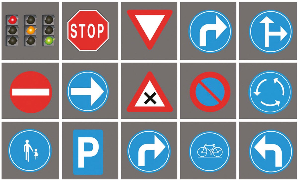 Markenlose Sans-Marque-Spielmatte mit Verkehrszeichenfliesen, 15 Stück.