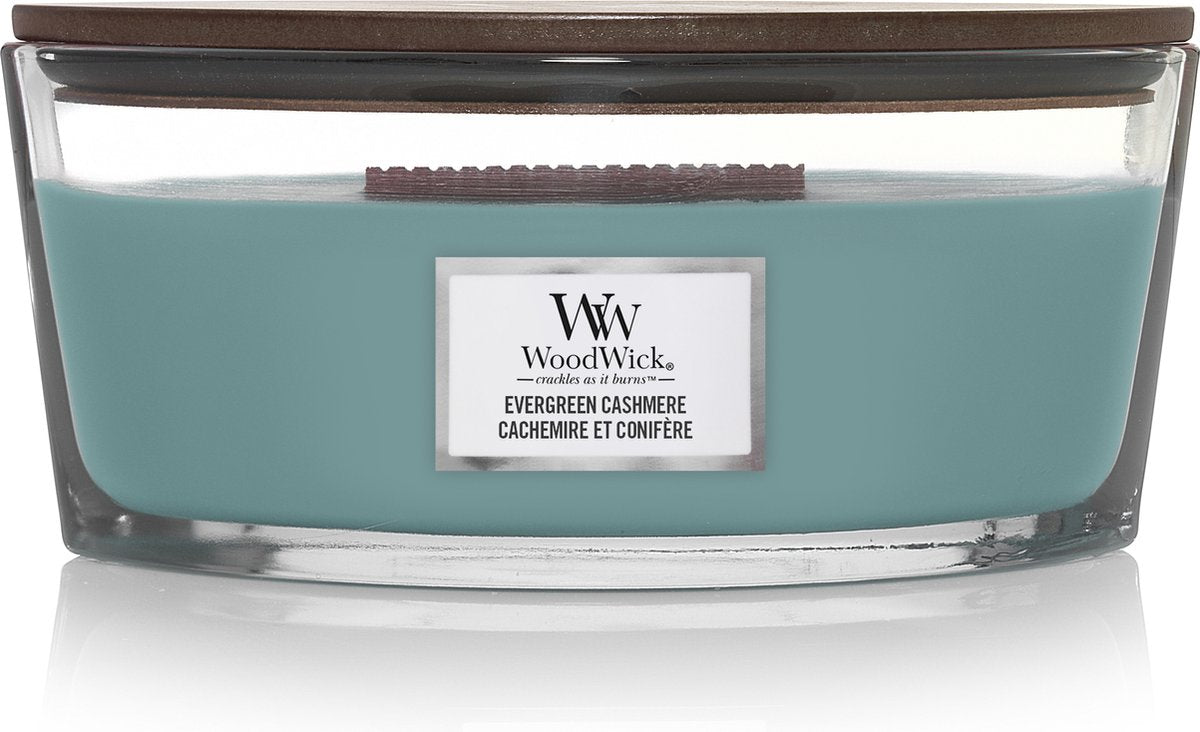 Woodwick Heartwick Flame Ellipse Duftkerze – immergrüner Kaschmir – 50 Brennstunden