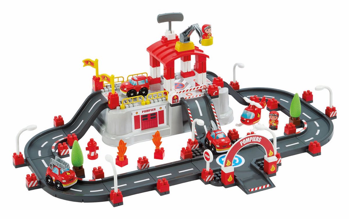 Abrick ecoiffier Baukasten – Feuerwehr-Spieltonne mit Deckel als Spielunterlage – Zubehör für Mini-Stadt – ab 18 Monaten – 117 Teile.